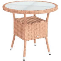 Outsunny Mesa de Ratán Ø80x75 cm Mesa de Jardín con Estante Patas Ajustable Encimera de Cristal y Marco de Acero Natural
