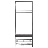 HOMCOM Appendiabiti da Terra con Panca Scarpiera, 5 Ganci e 2 Ripiani, Ferro ed Ecopelle, 72.5x35x180cm, Nero e Marrone(m-4)