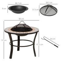 Outsunny 60cm Outdoor Fire Pit Table with Mosaic Outer, Round Firepit with Spark Screen Cover, Fire Poker for Garden Bonfire Party(m-3)