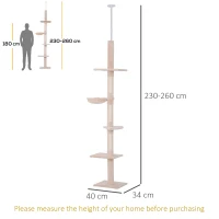 PawHut Floor to Ceiling Cat Tree Height Adjustable 230-260cm, 5-Tier Cat Tower with Scratching Post, Hammock, Perches, Climbing Activity Centre for Indoor Kittens, Beige(m-3)