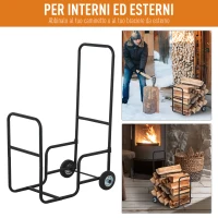 Outsunny Carrello Portalegna in Metallo Nero con 2 Ruote per Interno ed Esterno, Max. 30kg, 56x40x90.5cm(m-5)