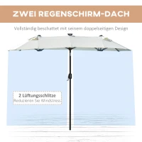 Outsunny Doppelschirm, Terrassenschirm, neigbar, mit Solarpaneel, 35 LEDs, Stahlrahmen, beige, 2,92 x 1,50 x 2,18 m(m-6)