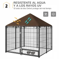 PawHut Perrera con Toldo y Soporte Giratorio para Comida 2 Cuencos Incluidos 141x141x151 cm Negro(m-5)