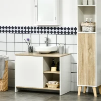 kleankin Mobile Bagno Sottolavabo con Armadietto e 2 Mensole in Legno, 77x45x60 cm, Bianco e Legno(m-6)