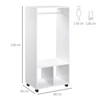 HOMCOM Armoire penderie étagère 2 niches penderie 4 roulettes pivotantes dim. 60L x 40l x 128H cm Coloris Blanc(m-3)