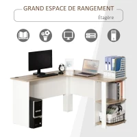 HOMCOM Bureau informatique bureau d'angle contemporain avec étagères en panneaux de particules idéal pour maison dortoir 136 x 130 x 72 cm bicolore imitation noyer clair blanc(m-4)