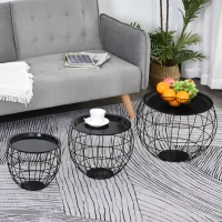 HOMCOM Set 3 Tavolini da Caffè Rotondi con Funzione Contenitore, Design a Griglia in Acciaio Nero, per Salotto o Ufficio(m-2)