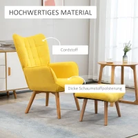 HOMCOM Akzentsessel mit Hocker, Relaxsessel in Cord-Optik, Armlehnstuhl mit Holzbeinen, für Wohnzimmer, Gelb(m-4)