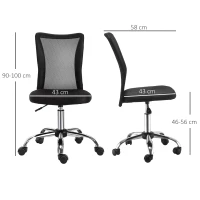 Vinsetto Sedia da Ufficio Ergonomica Senza Braccioli, Sedia per Scrivania in Tessuto Traspirante a Rete, Altezza Regolabile e 5 Ruote, 43x58x90-100 cm, Nero(m-3)