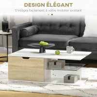 HOMCOM Table basse rectangulaire design contemporain 2 tiroirs 2 niches étagère verre trempé panneaux blanc aspect chêne clair(m-5)