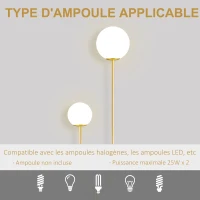 HOMCOM Lampadaire métal Lampadaire sur pied salon doré avec 2 Têtes abat-jours globe blanc verre dépoli - 25W - 33 x 25 x 155,5 cm(m-7)