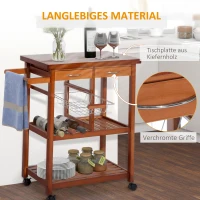 HOMCOM Küchenwagen, Servierwagen mit Weinregal, Rollwagen mit Arbeitsplatte, Korb, Handtuchhalter, Küchentrolley, Bestelltisch aus Kiefernholz, Natur 85 x 37 x 85cm(m-6)