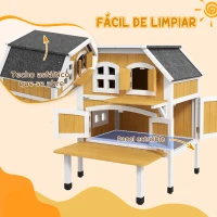 PawHut Caseta para Gatos de 2 Niveles 78x82x93 cm Refugio para Gatos con Techo Asfáltico Terraza y Plataforma de Salto Natural(m-4)