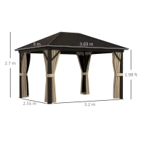 Outsunny 3 x 3.6m Outdoor Hardtop Gazebo Metal Roof Patio Gazebo with Aluminium Frame, Mesh Nettings, Curtains, & Roomy Interior Space, Brown(m-3)