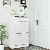 HOMCOM Armoire à Chaussures Meuble rangement Chaussures 2 Portes abattantes 2 Compartiments, tiroir, Plateau en Verre - Bois chêne Blanc(m-4)