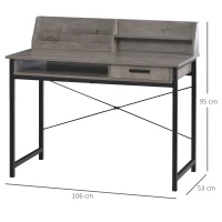 HOMCOM Schreibtisch mit Regal Schublade, Computertisch, Bürotisch, industrieller Stil, MDF, Metall, Grau+Schwarz, 106 x 53 x 95 cm(m-3)