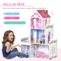 HOMCOM Maison de poupée 3 étages Jeu d'imitation avec 13 Accessoires Grand réalisme Multi-équipements MDF Rose(m-7)