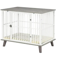 PawHut Dog Crate Furniture, Indoor Pet Kennel Cage, Top End Table w/ Soft Cushion, Lockable Door, for Small Dogs, 86 x 60 x 70 cm - Grey(m-11)