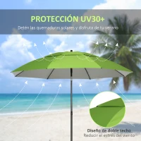 Outsunny Sombrilla de Playa Ø185x205 cm con Techo Doble Ángulo Ajustable Protección UV30+ y Bolsa de Transporte Verde(m-4)