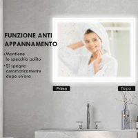 kleankin Specchio Bagno con Luce LED 3 Livelli Rettangolare, Antiappannamento e Interruttore Touch, 90x70cm(m-6)