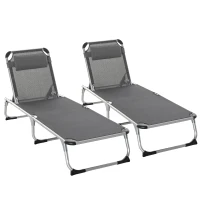 Outsunny Foldable Outdoor Sun Loungers Set of 2, Reclining Lounge Chair Camping Bed Cot with Pillow 4-Level Adjustable Back Aluminium Frame, Grey(m-1)