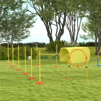 PawHut Conjunto 4 Obstáculos de Entrenamiento para Perro Set de Agilidad para Mascotas Estable Altura Ajustable de Aro con Túnel Postes y Bolsa Transporte Amarillo(m-9)