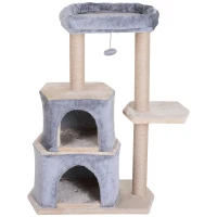 PawHut Cat Tree for Indoor Cats Scratching Posts with 2 Houses, Bed, Ball Toy, Kitten Activity Centre, 60 x 40 x 92 cm, Grey(m-11)