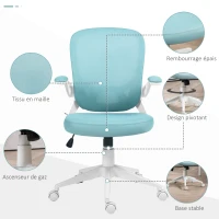 HOMCOM Fauteuil de bureau hauteur réglable pivotant 360° accoudoirs relevables dossier en maille et assise tissu bleu(m-8)