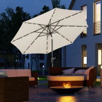 Outsunny Φ2.7m Garden 24 LED Light Parasol Solar Outdoor Tilt Sun Umbrella Patio Club Party Event Manual Sun Shade w/ Hand Crank and 8 Ribs, Off-white(m-11)