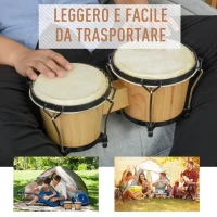 HOMCOM Bongo Professionale in Legno e Pelle con 2 Tamburi Φ20cm e Φ18cm, Borsa di Trasporto Nera Inclusa(m-5)