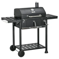 Outsunny Barbecue a Carbone con Coperchio con Termometro, Griglia Regolabile, Ruote e Tavolini, Nero(m-1)