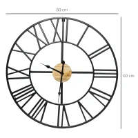 HOMCOM Wanduhr Vintage-Design 60 cm Durchmesser, mit römischen Zahlen, geräuschlos 60 cm x 60 cm x 4 cm Schwarz Natur(m-3)