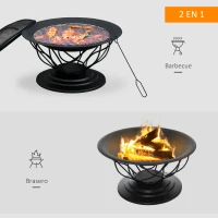 Outsunny Brasero cheminée Foyer extérieur Ø 75 x 55H cm Grille à Charbon + Cuisson Couvercle tisonnier métal Noir(m-4)