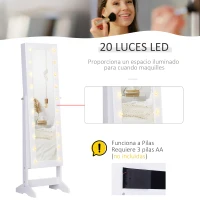 HOMCOM Espejo Joyero con 20 Luces LED Armario Joyero Reclinable con Guardajoyas Anillos Pendientes Collares 40x37x146 cm Blanco(m-5)
