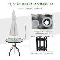Outsunny Mesa de Jardín Redonda Mesa Comedor de Cristal Templado con Agujero para Sombrilla y Estructura Metálica para Patio Terraza Balcón Exterior Ø80x72 cm Negro(m-4)