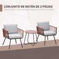 Outsunny Conjunto de Muebles de Jardín de Ratán 3 Piezas Incluye 1 Mesa y 2 Sillones con Cojines Acolchados Teca y Gris(m-6)