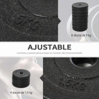 HOMCOM Juego de Mancuernas Ajustables con Barra de Conexión de Acero y Discos Desmontables 8x5 kg 4x1,5 kg Total 50 kg Negro(m-6)
