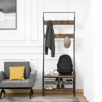HOMCOM Coat Rack Stand Industrial hallway Shoe Rack Removable Hooks Metal Wood Hangers Storage Cabinet Rustic Brown 72L×34W×185H(cm)(m-10)