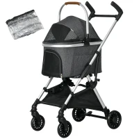 PawHut Poussette pour chiens 3 en 1 pliable panier de transport avec poignée habillage de pluie 77 x 44 x 100 cm gris(m-1)
