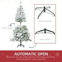 HOMCOM 5 Ft Snow Flocked Artificial Christmas Tree Xmas Pine Tree with Realistic Branches, Auto Open and Steel Base, Green(m-6)