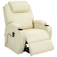 HOMCOM Elektrischer Relaxsessel mit Aufstehhilfe, Liegestuhl, Becherhalter, Kunstleder, Cremeweiß(m-1)