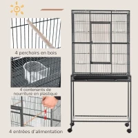 PawHut Cage à Oiseaux Portable avec 4 Mangeoires et 4 Perchoirs Pratique 77 x 47 x 163 cm Noir et Gris(m-4)