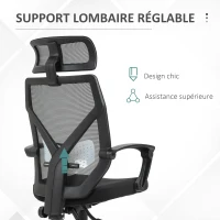 HOMCOM Fauteuil de bureau manager grand confort dossier ergonomique inclinable hauteur assise réglable pivotant tissu maille noir(m-7)