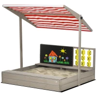 Outsunny Bac à sable carré en bois pour enfants avec bancs toit réglable tableau et jeux  114 x 113 x 110 cm gris(m-11)