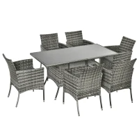 Outsunny 7-Piece Rattan Garden Furniture Set with Cushions, 6 Seater Garden Table and Chairs, Rattan Dining Set with 6 Armchairs, Rectangular Glass Top Table, Grey(m-13)