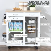 HOMCOM Chariot de service desserte de cuisine à roulettes multi-rangements 92L x 37l x 82H cm MDF imitation chêne clair pin blanc(m-4)