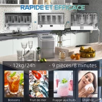 HOMCOM Machine à glaçons autonettoyante, 12kg en 24h, 9 glaçons en 8 minutes, ice maker Portable Avec cuillère et panier, capacité réservoir eau 1,8 L, pour la maison/cuisine/camping, PP argenté(m-6)