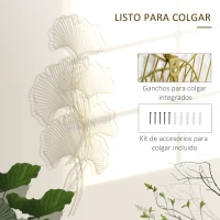 HOMCOM Decoración de Pared de Metal Hojas de Ginkgo 3D Adorno Colgante para Salón Dormitorio Oficina 51x94,5 cm Dorado(m-5)