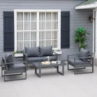 Outsunny 4 Piece Aluminium Garden Sofa Set with Coffee Table, Outdoor Furniture Set with Padded Cushions & Olefin Cover, Dark Grey(m-10)