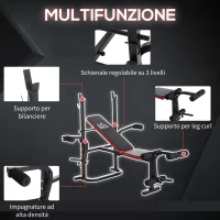 HOMCOM Panca Multifunzione Stazione Fitness con Schienale Regolabile, Leg Curl e Porta Bilanciere, 128x155x112cm, Nero e Rosso(m-5)